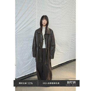 Veega 复古软皮立领抽绳收腰宽松廓形皮衣风衣 Chic
