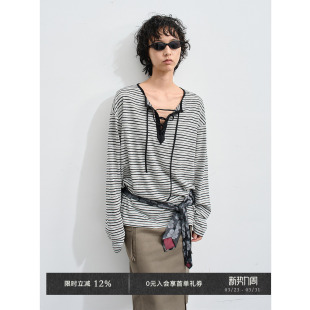 t恤 亚麻蚕丝混纺雪花条纹撞色抽绳领宽松长袖 Veega Chic