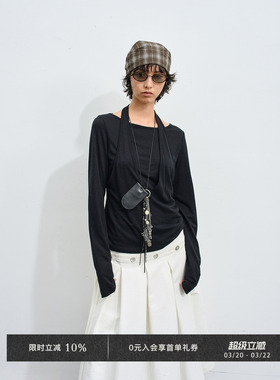 Veega Chic莱赛尔亚麻假两件挂脖背心长袖t恤