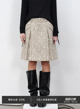 Veega Chic 设计感鹿纹印花松弛感齐膝百褶半身裙