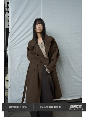 Veega Chic 秋冬缩皱感棉锦混纺偏门襟轻薄简约中长款双排扣风衣