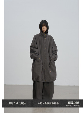 Veega Chic 秋冬游牧风复古水洗工装廓形夹棉抽绳中长款风衣外套