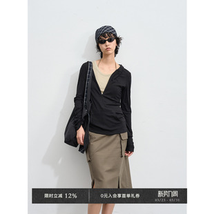 卫衣长袖 凉感休闲连帽隐拉v领修身 t恤 Chic Veega