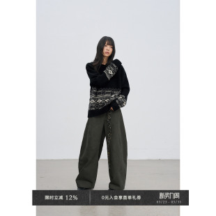 Veega Chic秋冬羊毛圈圈纱慵懒复古撞色游牧风提花翻领半开领毛衣