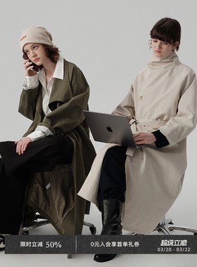 【5折】Veega Chic 全包式立领翻领棉锦梭织单排扣中长款风衣外套