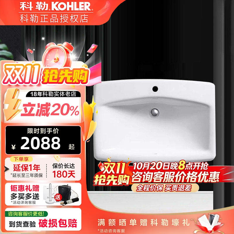 科勒长方形修边式台下洗脸盆曼司铸铁台上盆陶瓷盆K-2885T台盆