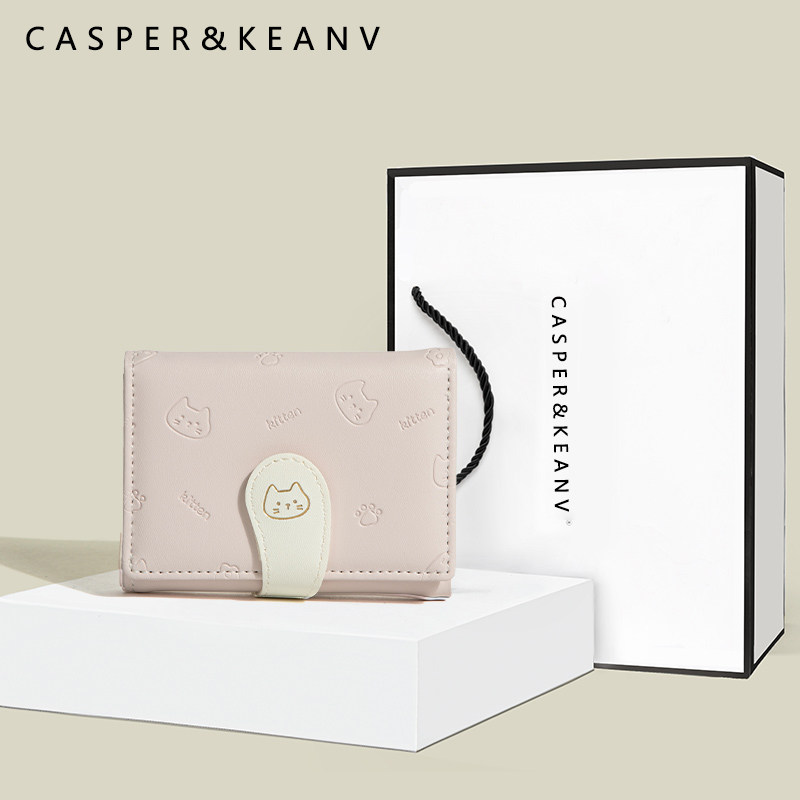CASPER&KEANV生日礼物可爱猫咪小钱包2025新款女士三折多卡位卡包