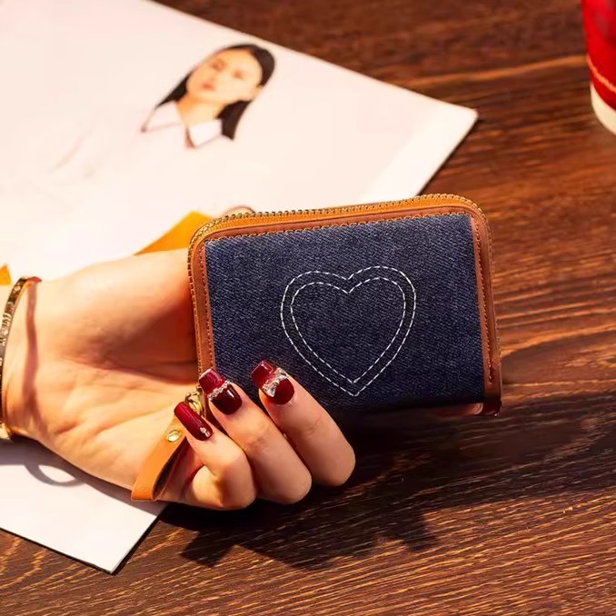 复古牛仔爱心刺绣风琴多卡位卡包