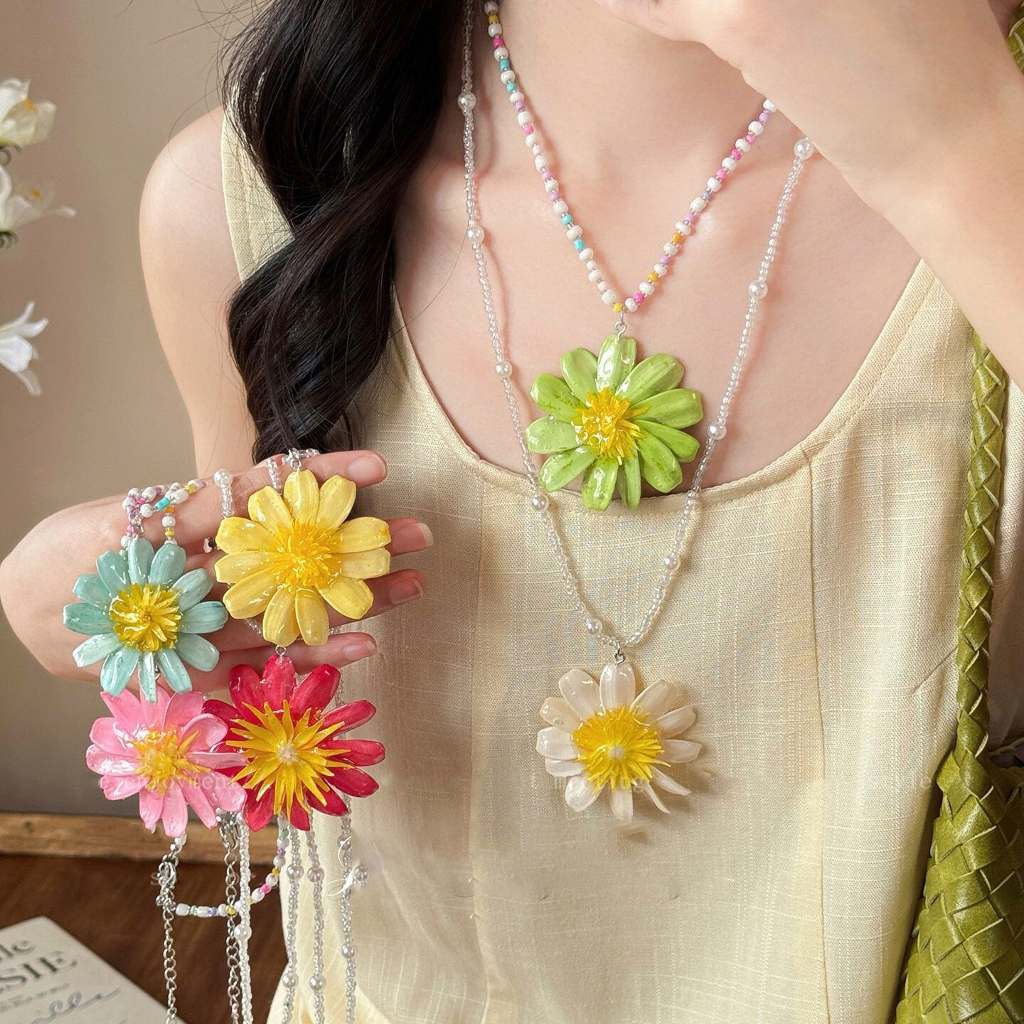 「春日花信」多巴胺彩色花朵串珠项链度假风锁骨链清新甜美项饰女