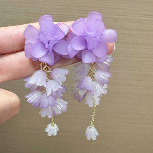 2026年新款紫色花朵流苏花朵耳环小众气质法式长款设计仙气耳饰女