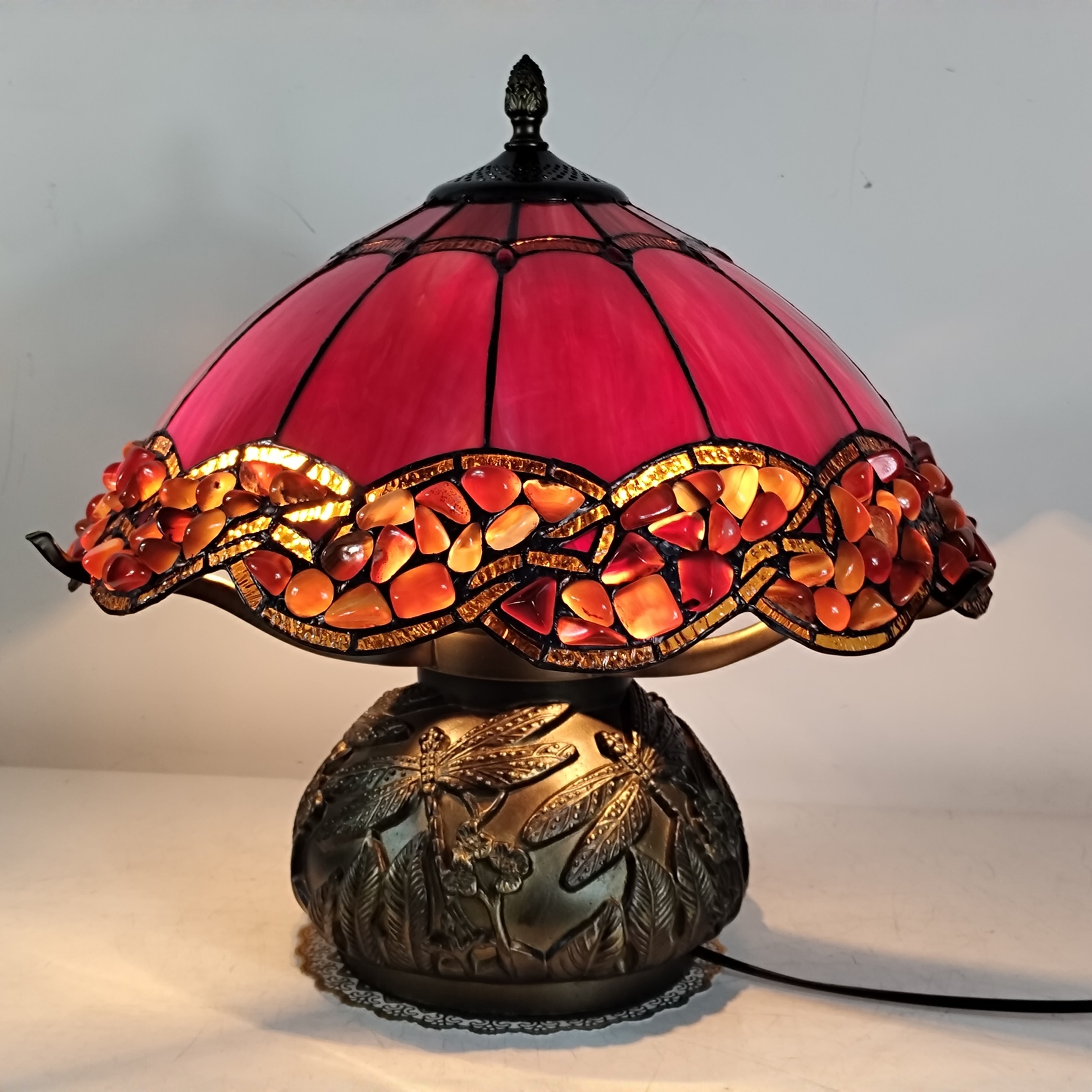 欧美蒂凡尼中古客厅卧室书房民宿酒吧老红玻璃玛瑙古铜蜻蜓台灯
