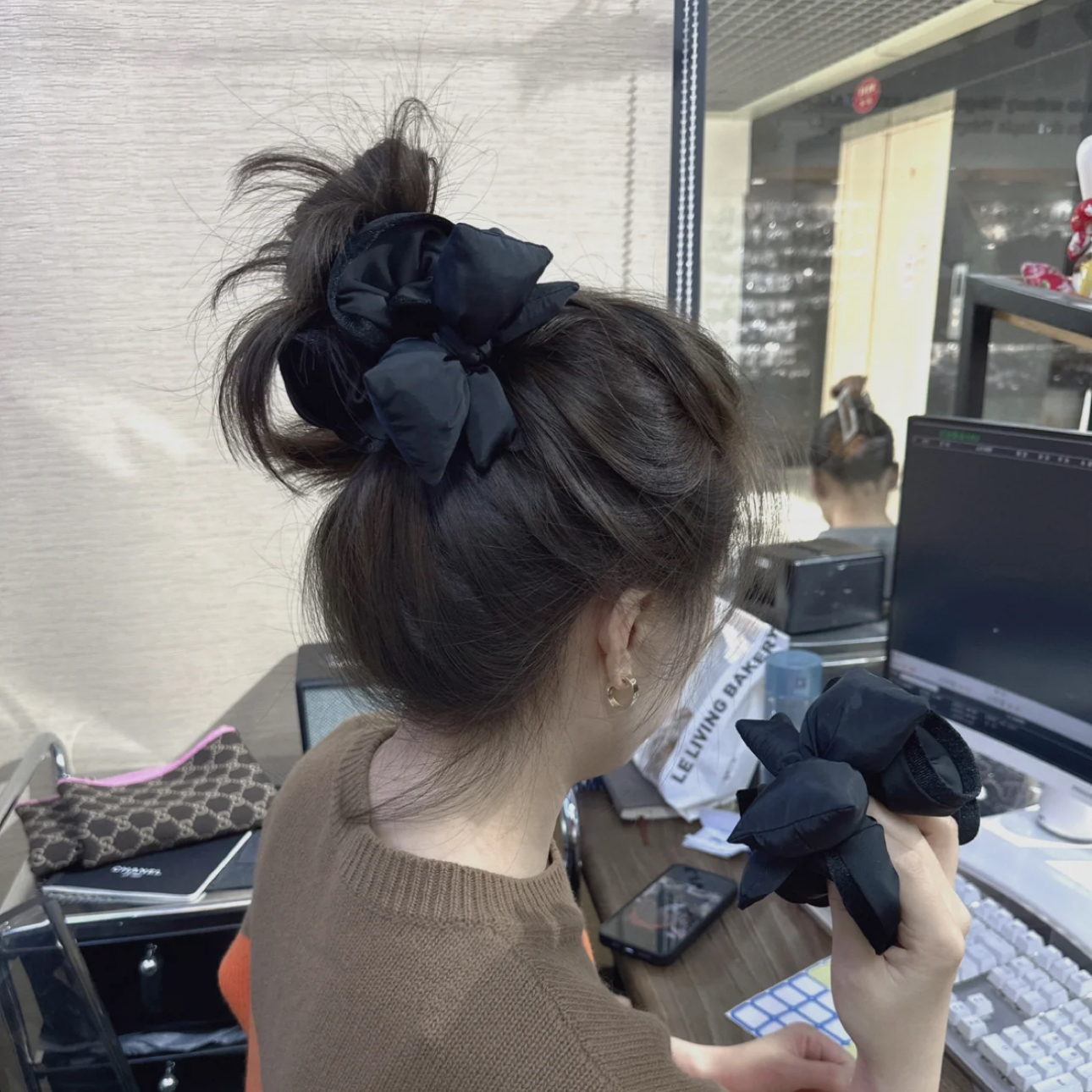 韩系高级黑色充棉蝴蝶结丝绒木耳边大肠发圈大号丸子头发绳发量多