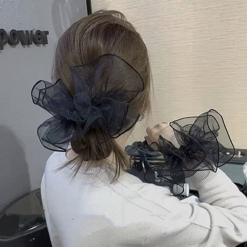 早春芭蕾系高级小众黑色欧根纱大肠发圈扇形裙摆丸子头发绳头绳