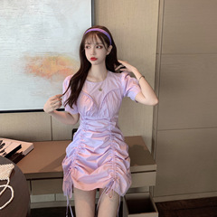 Real price! Round neck drawstring Short Sleeve Dress