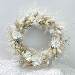 幻白暖冬永生雪莲花兔尾草勿忘我干花花环门楣花壁饰拍摄道具背景