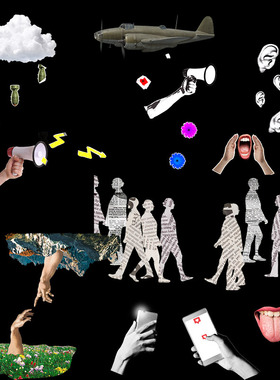 视频素材撕纸拼贴飞机导弹人物行走耳朵喇叭手势动画MG204