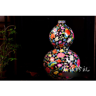 宝蕴阁景德镇手绘陶瓷花瓶黑底万花葫芦瓶家居客厅摆件