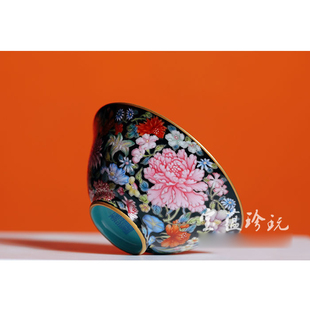 宝蕴阁手工绘黑底杂花雕龙杯景德镇珐琅彩陶瓷主人杯