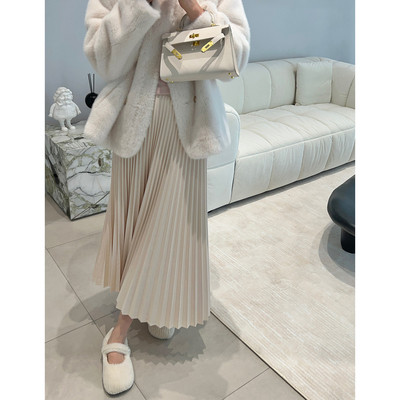momo大姐姐2025新款绒面a字百褶裙小个子半身裙女高腰显瘦中长裙
