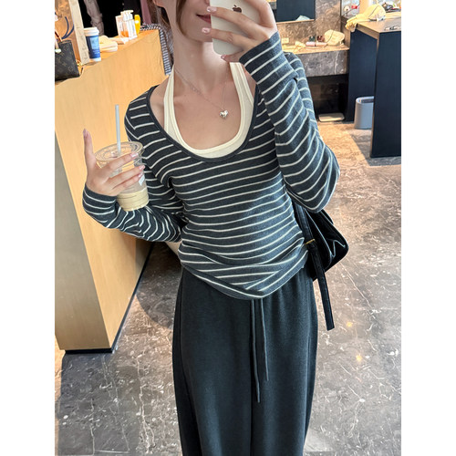 条纹撞色挂脖长袖T恤假两件上衣