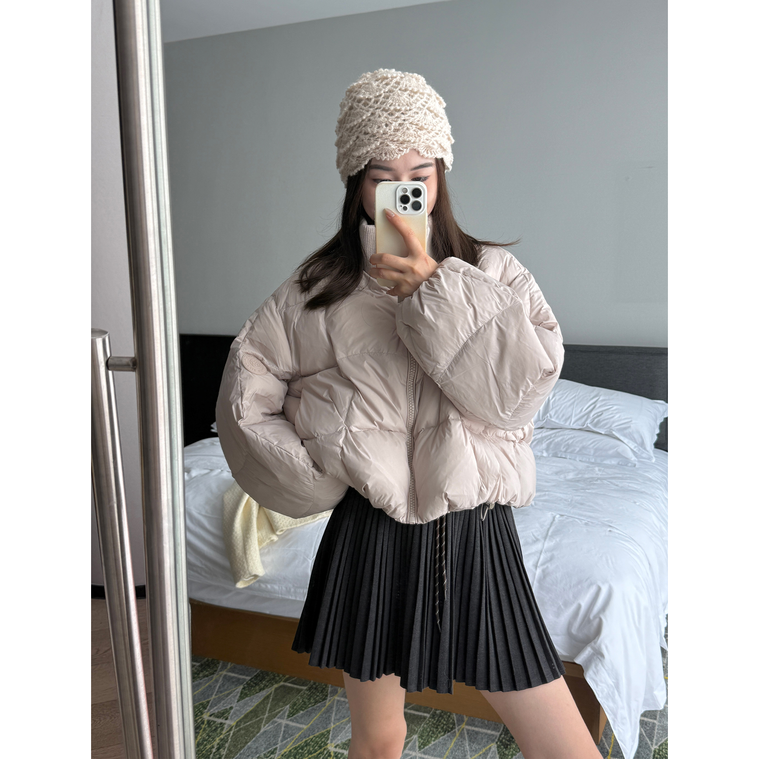 小个子松紧腰a字毛呢短裙女秋冬