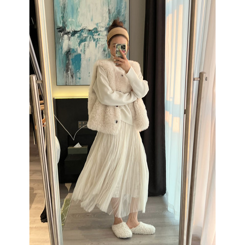 温柔风白色丝绒纱裙半身裙女冬