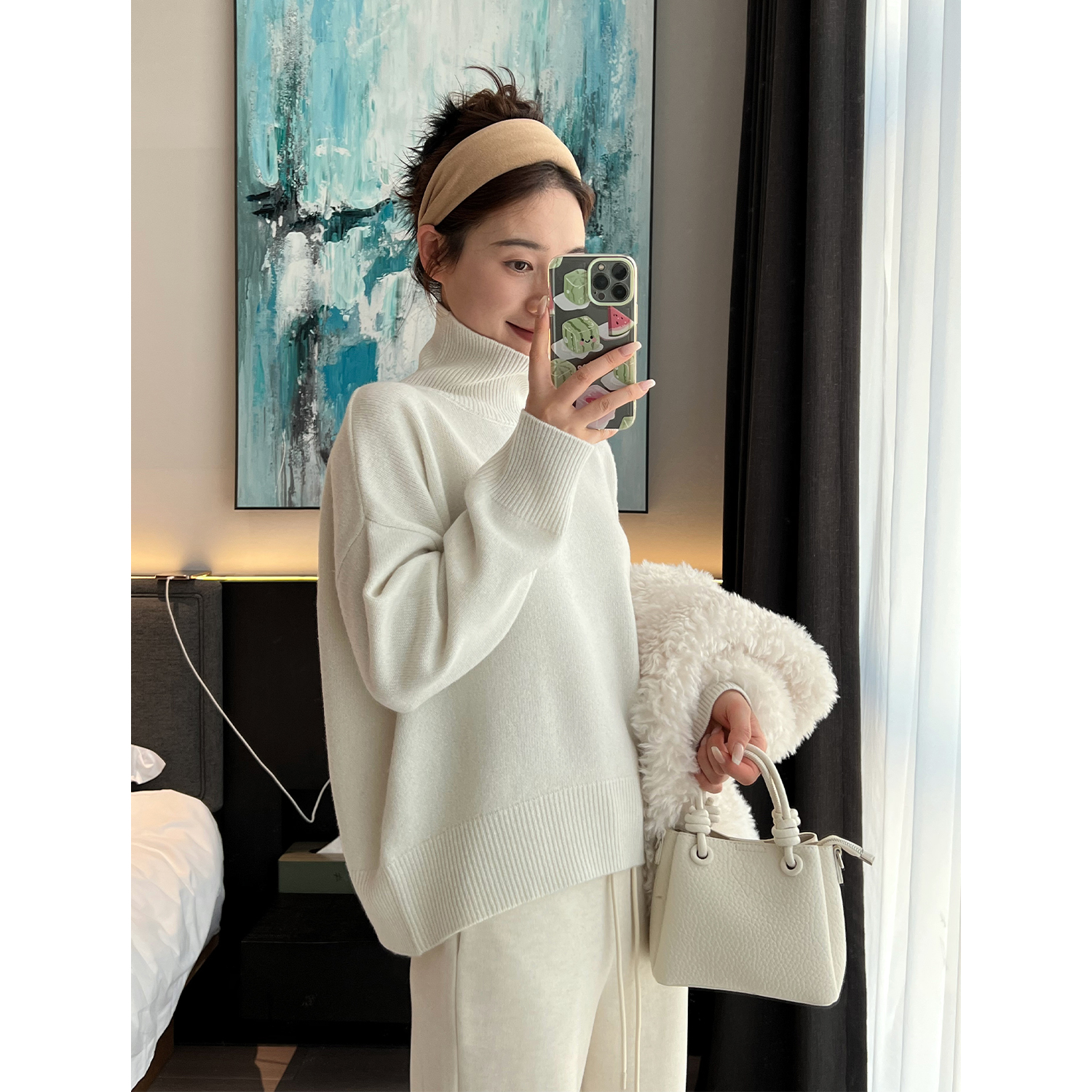 修身显瘦高领金线羊毛上衣女冬