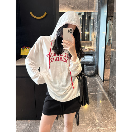 夏季宽松百搭连帽长袖T恤女