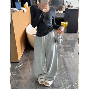 小个子宽松直筒阔腿裤 新款 女2025冬季 垂感显瘦抽绳松紧腰加绒卫裤