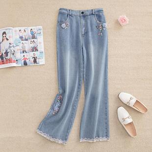 89K11高腰中式国风牛仔裤春秋季新款时尚刺绣直筒修身显瘦裤子