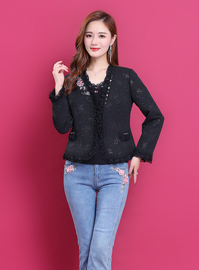 28C29漫璐亚迪黑色短外套女长袖春秋新款小香风蕾丝开衫修身外搭
