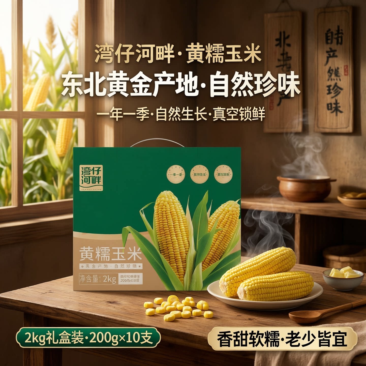 东北特产香甜苞米甜糯玉米200g*10支 湾仔河畔礼盒装黄糯玉米棒