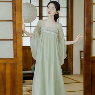 新中式 素一字领齐胸飘逸夏收腰女夏长裙 古风广袖 仙绿色连衣裙汉元