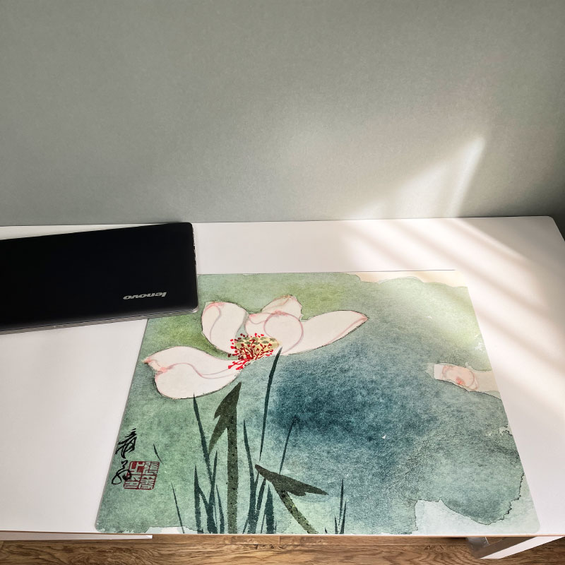 张大千荷花莲花国画天然橡胶垫学习写字桌垫超大正方形鼠标垫餐垫