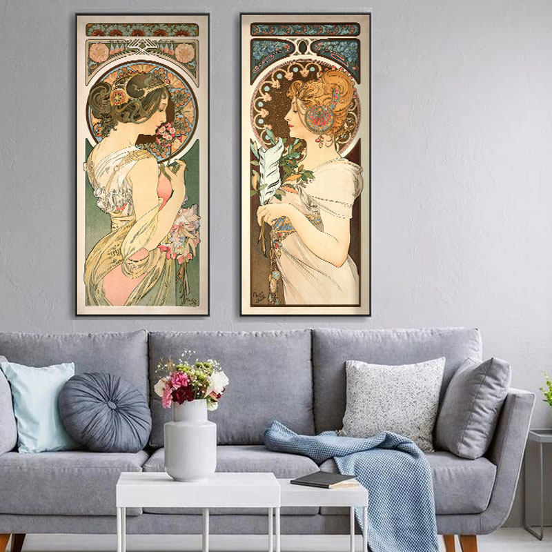 穆夏报春花羽毛竖款高清印制无画框精致书房客厅可定制装饰画