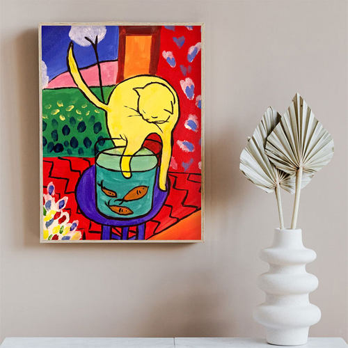 马蒂斯小猫红鱼竖款美式装饰画