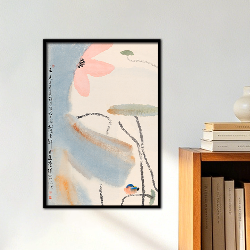 荷花图竖款写意国画荷花莲花客厅卧室纯棉油画布画芯无画框装饰画