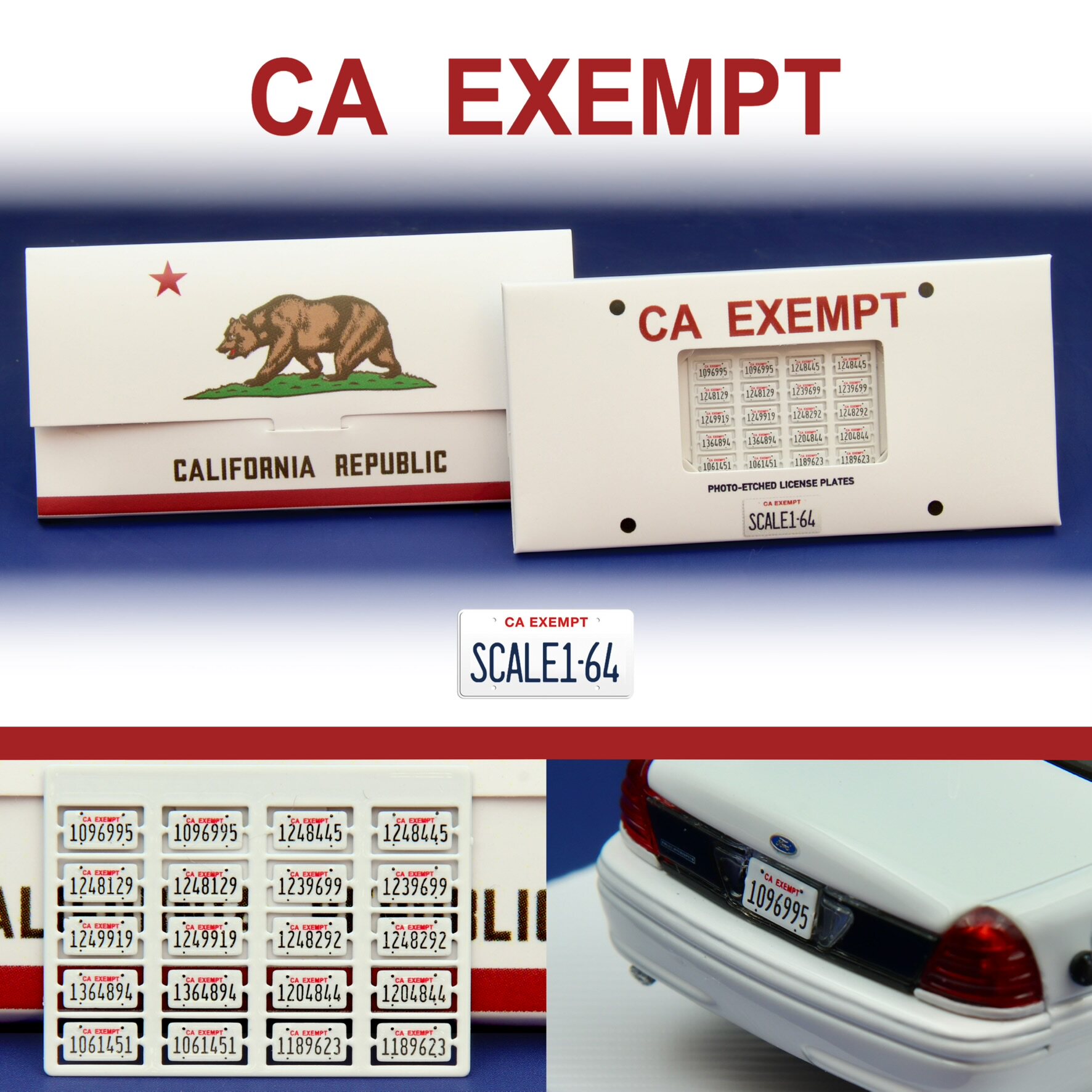 1/64比例 CA EXEMPT加州豁免公务车蚀刻片车牌模型改件套装