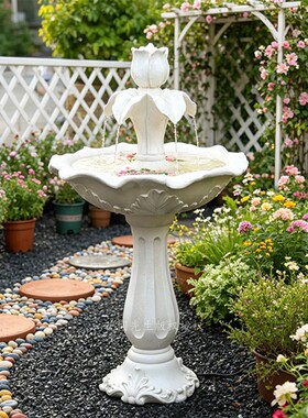 白色雕花三层喷泉流水大摆件禅意喷泉水景庭院花园装饰品户外景观