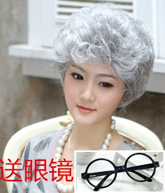 中老年花白假发 短卷发 女 慈祥妈妈银白色 舞台表演老奶奶老太太