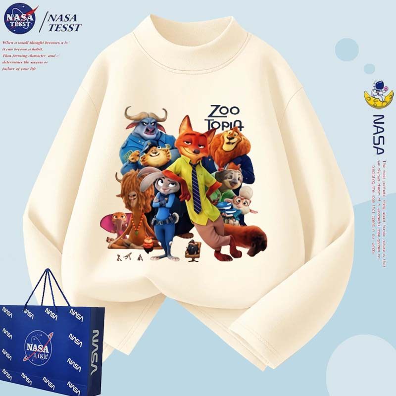 NASA联名男童疯狂动物城长袖德绒打底儿童秋冬加绒女童卡通打底衫