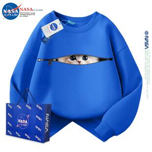 NASA联名儿童圆领卫衣时髦洋气潮牌童装女童猫咪秋冬加绒男童上衣