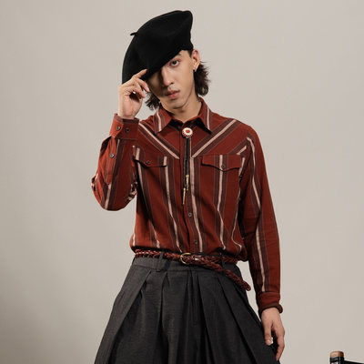 SOARIN美式复古红色大条纹长袖衬衫男阿美咔叽西部风休闲工装衬衣