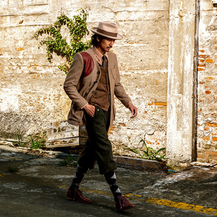 SOARIN英伦风复古人字纹毛呢夹克男 Vintage古着感拼接多口袋外套