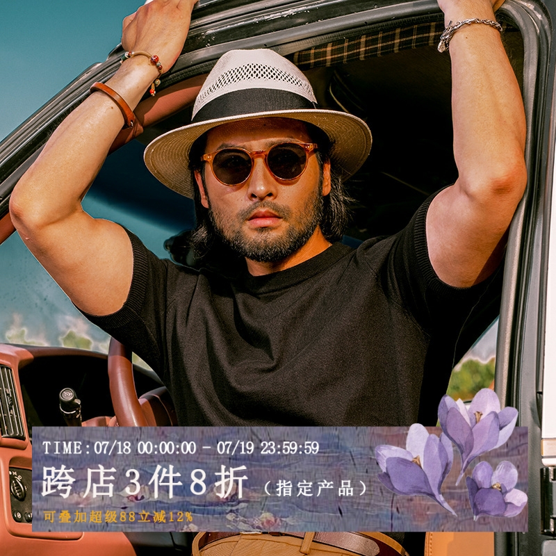 SOARIN【十四针】复古针织T恤短袖男 硬汉透气薄款休闲圆领体恤衫