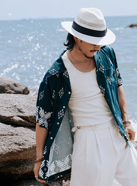 SOARIN英伦复古夏威夷印花衬衫男 度假风宽松休闲垂感短袖衬衣潮