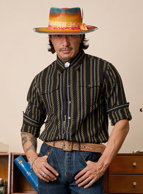 SOARIN美式西部牛仔风黑色条纹长袖衬衫男 全棉休闲提花工装衬衣
