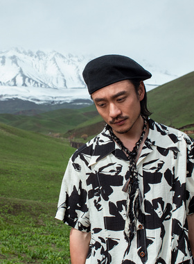 SOARIN意式绅士印花短袖衬衫男 夏威夷休闲宽松古巴领五分袖衬衣