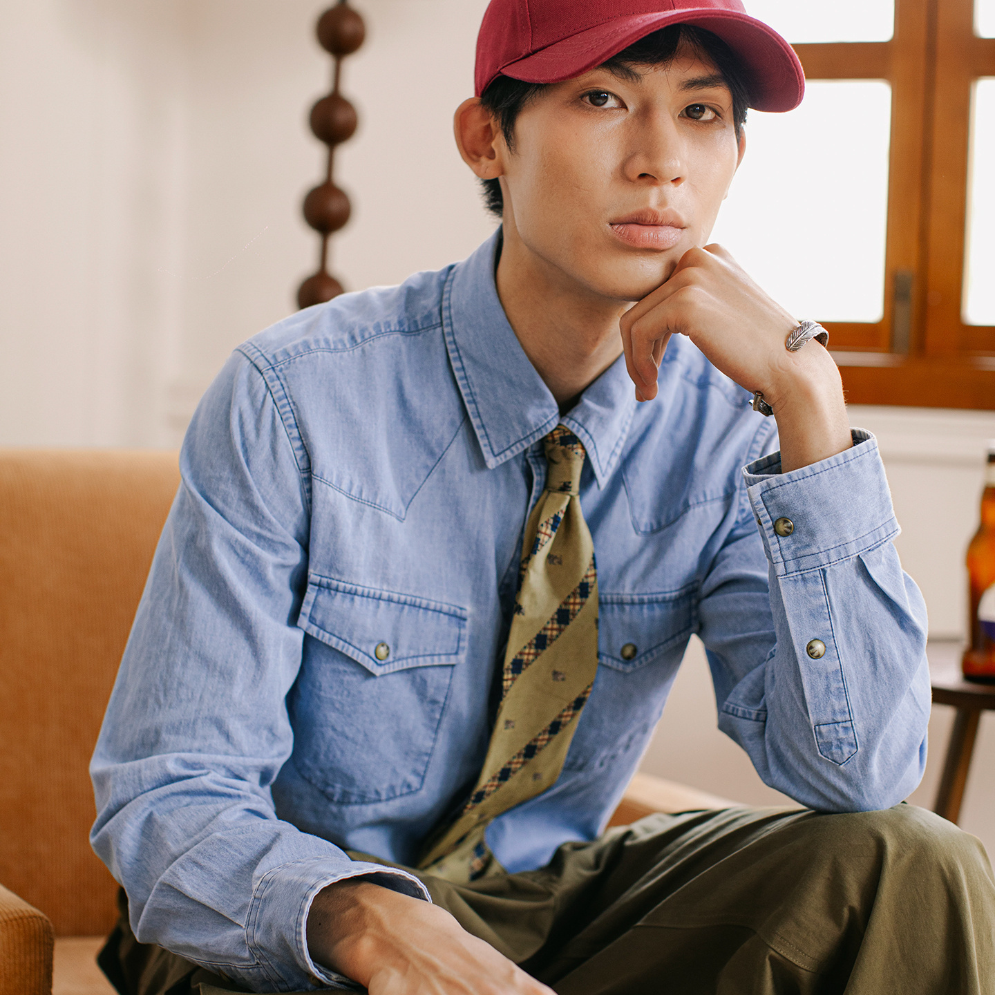 SOARIN美式复古水洗牛仔长袖衬衫男 阿美咔叽双口袋休闲工装衬衣