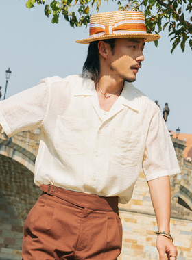 SOARIN英伦复古条纹短袖衬衫男 夏季薄款透气宽松古巴领衬衣外套